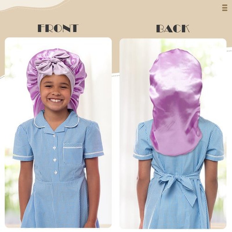 Kids Long Hair Bonnet for Sleeping - Double Layer Girls Elastic Satin Bonnet with Tie Band for Braid Curly Hair (Little Purple)