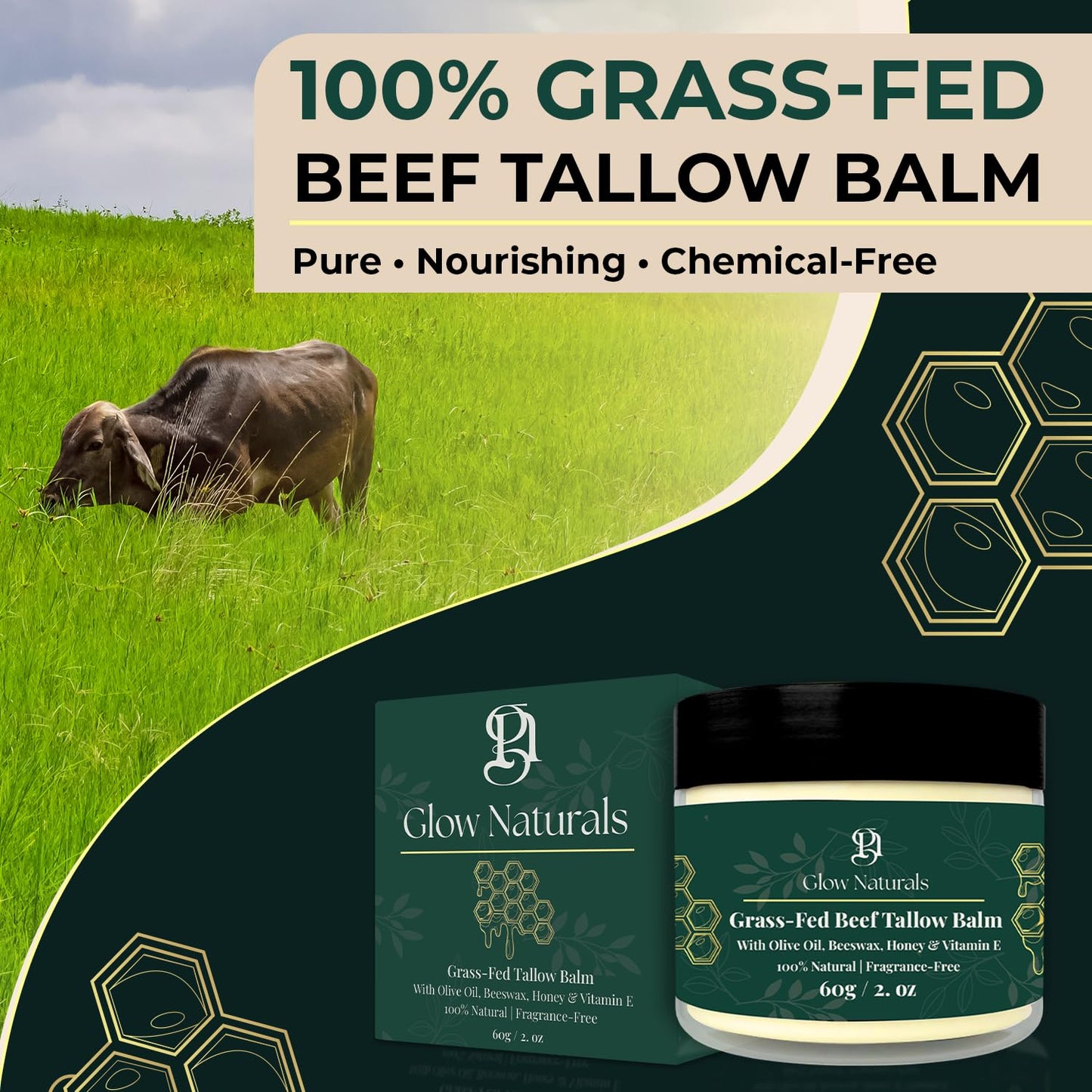 Glow Naturals Beef Tallow For Skin - 2 oz Fragrance Free Tallow And Honey Balm With Olive Oil, Beeswax & Vitamin E - Grass Fed Beef Tallow For Face, Body & Dry, Sensitive Skin