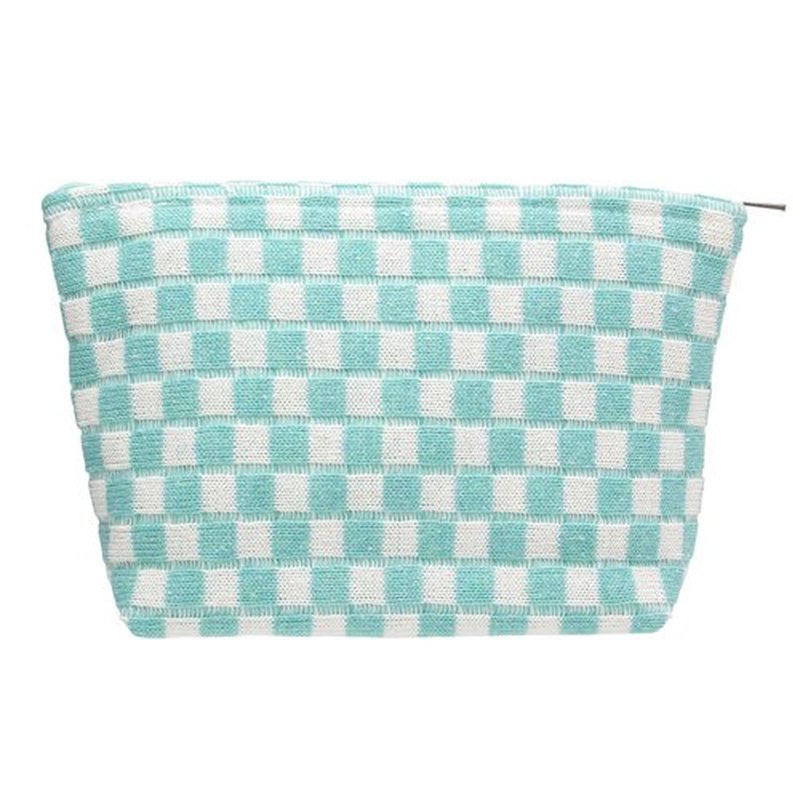PAZIMIIK Knitted Checkered Makeup Bag Large Zipper Make Up Accessory Pouch for Purse Cosmetic Brush Bag for Travel Essential Arctic Blue