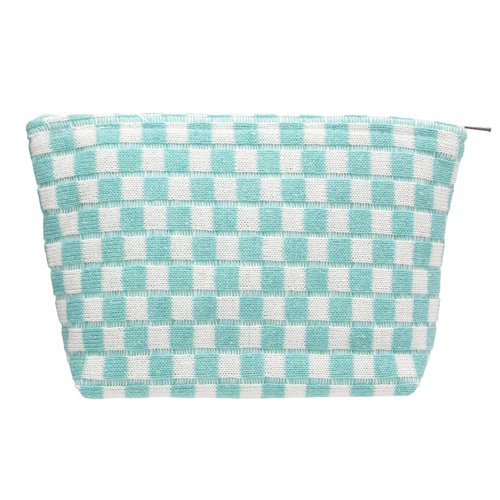 PAZIMIIK Knitted Checkered Makeup Bag Large Zipper Make Up Accessory Pouch for Purse Cosmetic Brush Bag for Travel Essential Arctic Blue