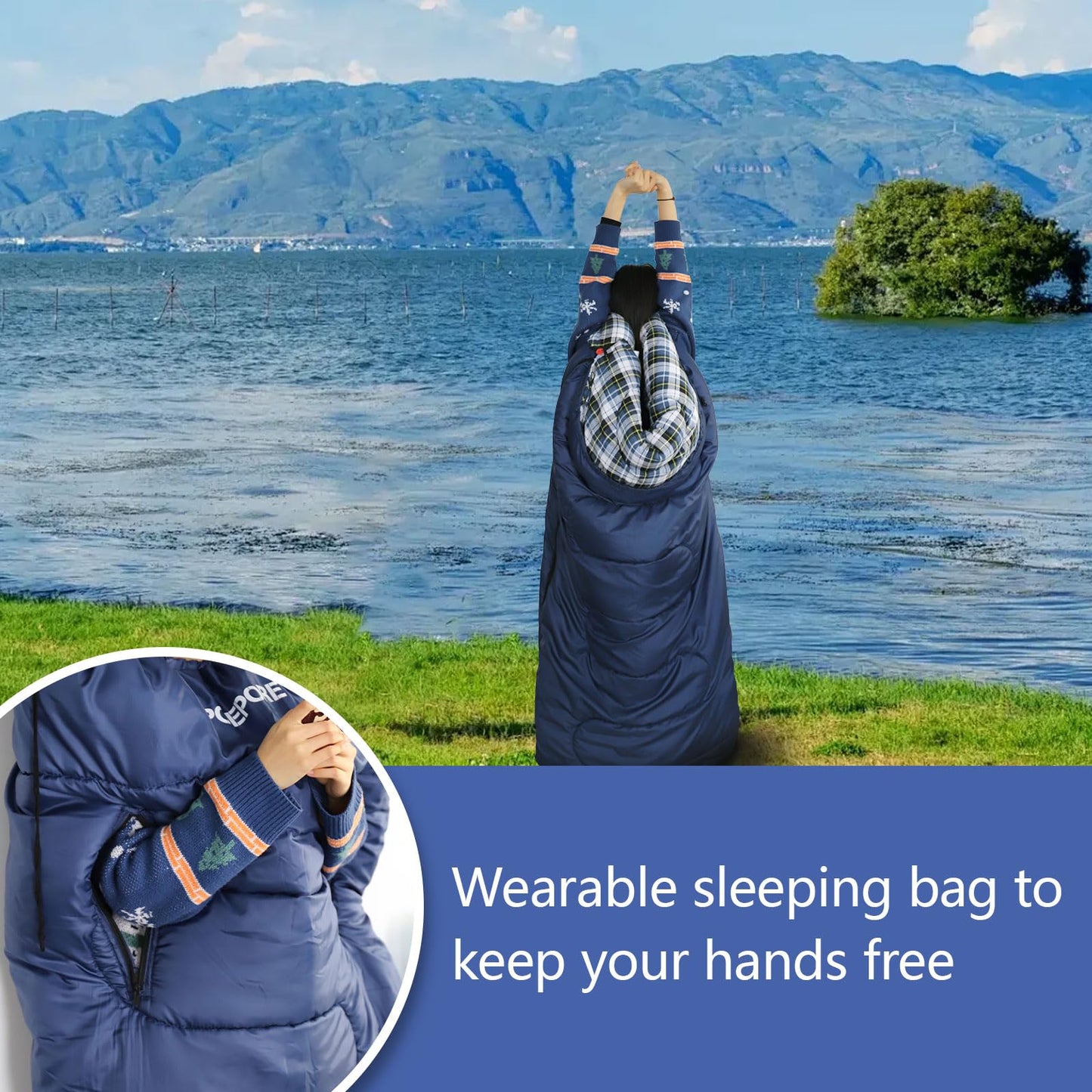 POEPORE Flannel Sleeping Bag Lightweight Warm Weather 3-4 Seasons for Adults XL Wearable Sleeping Bag Waterproof with Compression Sack Blue