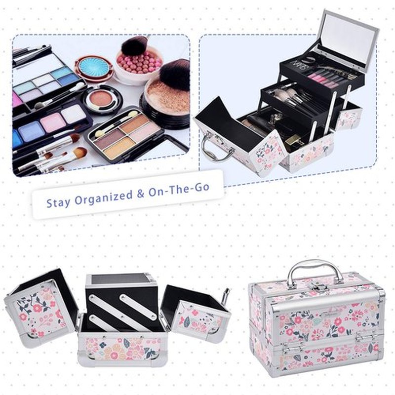 Joligrace Makeup Box Cosmetic Train Case Jewelry Organizer Lockable with Keys and Mirror 2-Tier Tray Portable Carrying Travel Storage Box for Girl - White Floral