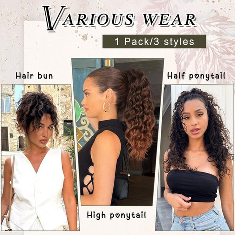 HMD Curly Ponytail Extension Drawstring Ponytail for Women Natural Black Mixed Medium Auburn Curly Clip in Hair Extensions 18 Inch Ponytail Extension Synthetic Hairpiece for Daily Party(1B/30)