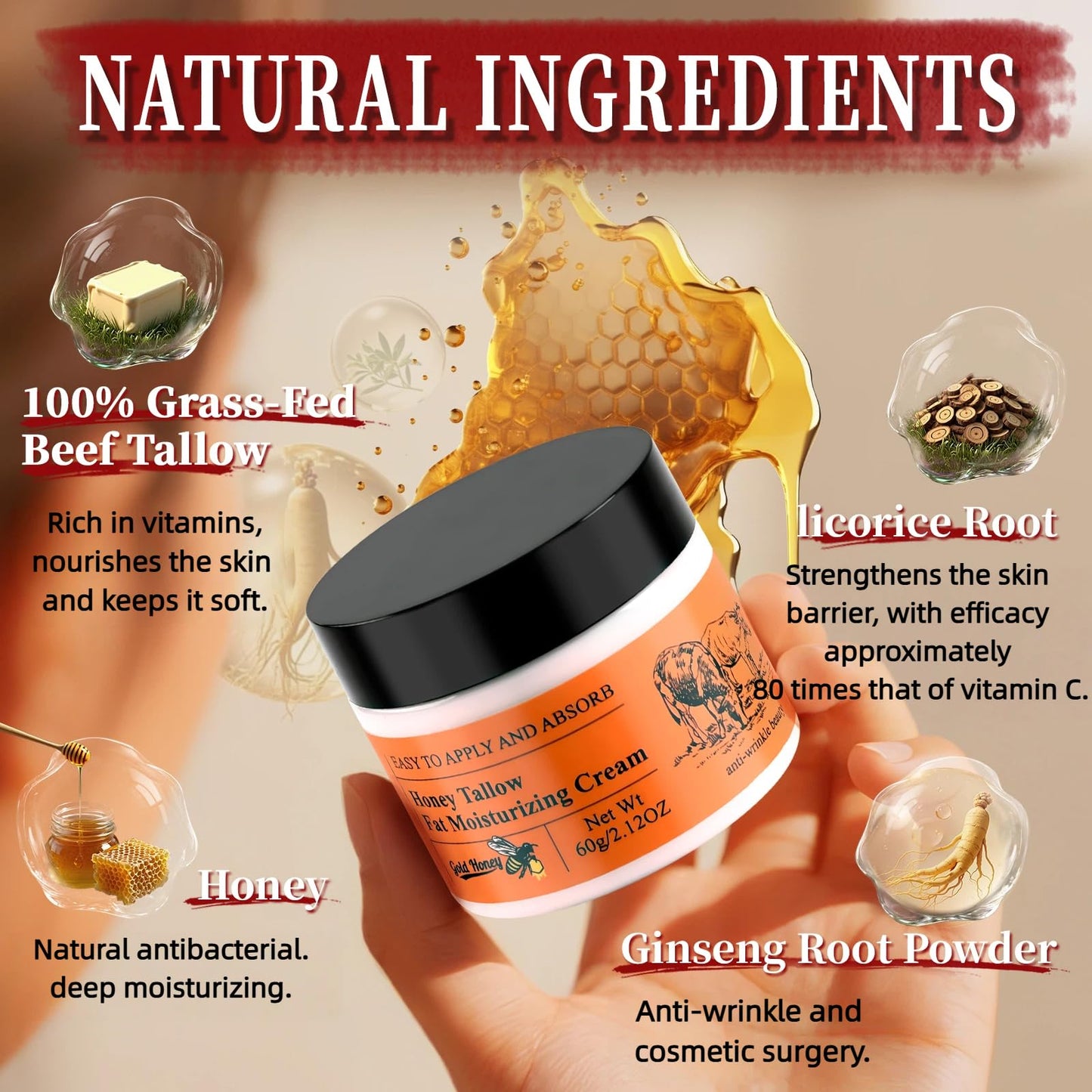 Balasoma Beef Tallow for Skin - Tallow and Honey Balm for Face Body - Contains Natural Plant Ingredients - Deep Moisturizing and Nourishing with Anti-aging Effects