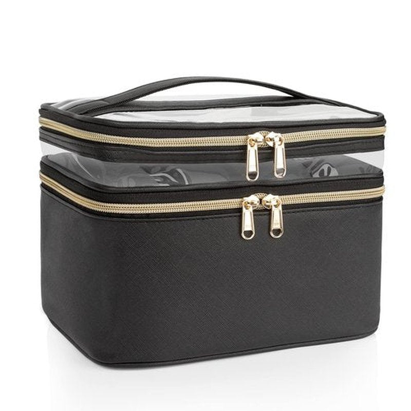 Makeup Bag, Double layer Cosmetic Cases Travel Makeup Organizer Toiletry Bags Large Make Up Bag For Women Girls with Adjustable Dividers and Brush Organize area (BLACK CLEAR)