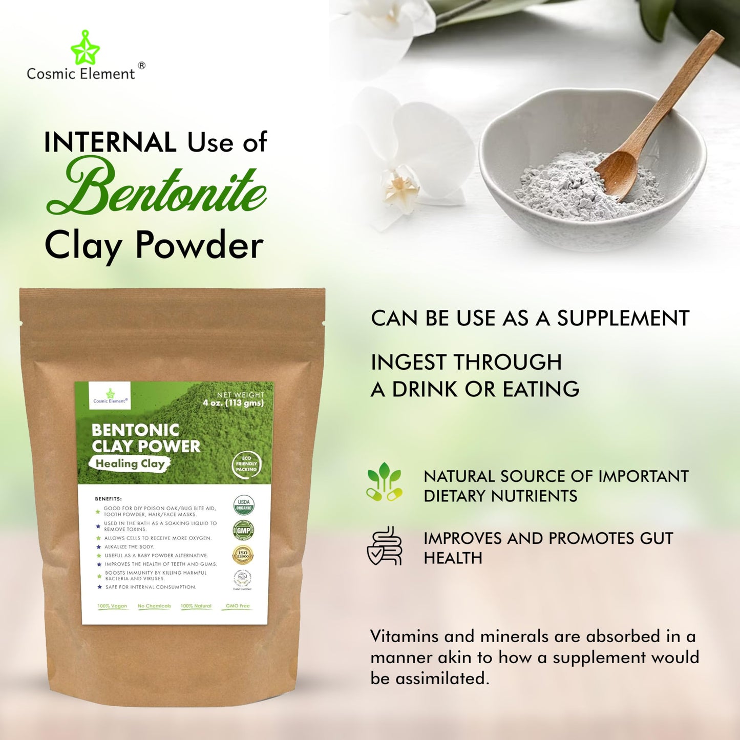 Cosmic Element 100% Pure Calcium Bentonite Clay Powder - Bentonite Clay Food Grade, Vegan, Healing Clay | Skin Care Detox - Deep Pore Cleansing Face & Body Mask for Soft, Smooth, Refreshed Skin | 4 oz