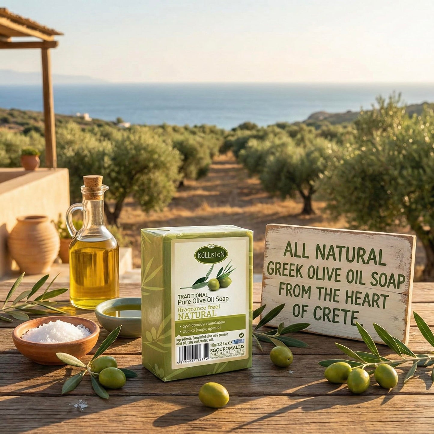 Kalliston, Natural Soap, Extra Virgin Olive Oil Soap Bars, Fragrance Free, All Natural for Smooth Skin, Hypoallergenic, Cruelty Free, Handcrafted in Crete, Greece, Pack of 4