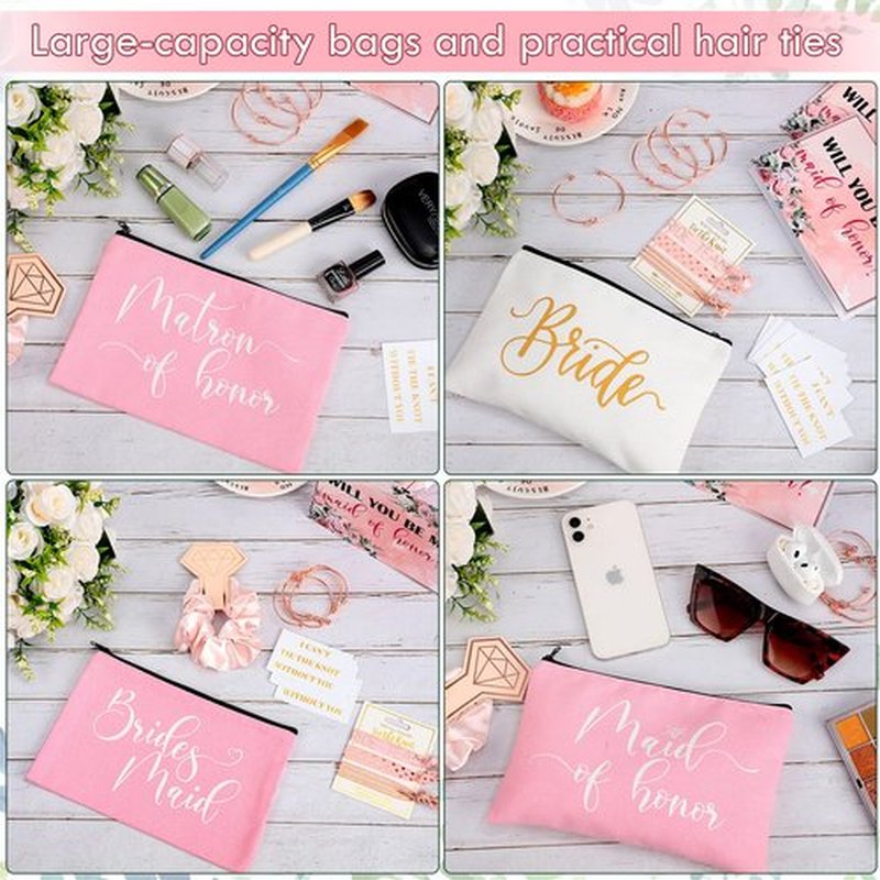 63 Pcs Bridesmaid Proposal Gifts Bulk Maid of Honor Gifts Matron of Honor Gifts Brides Bridesmaid Cosmetic Makeup Bag Hair Knotted Bracelets Invitation Cards for Wedding Bachelorette (Vivid Style)