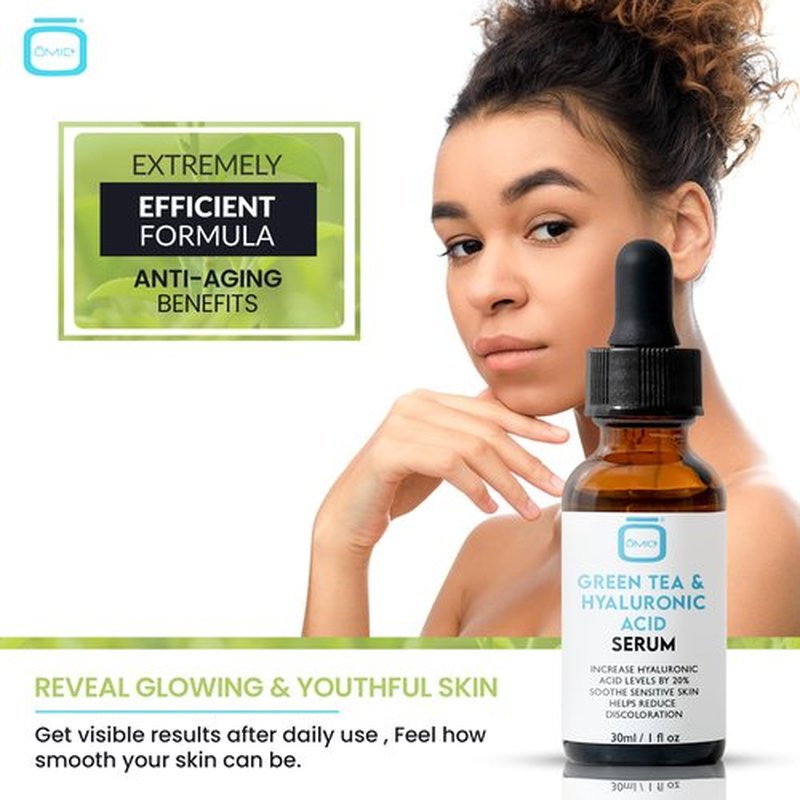 Omic, Green Tea & Hyaluronic Acid Serum for Face – 1 fl oz / 30 ml - Acne Spot Remover, Reduce Wrinkles, Helps to Hydrayein Skin, Anti-aging Serum