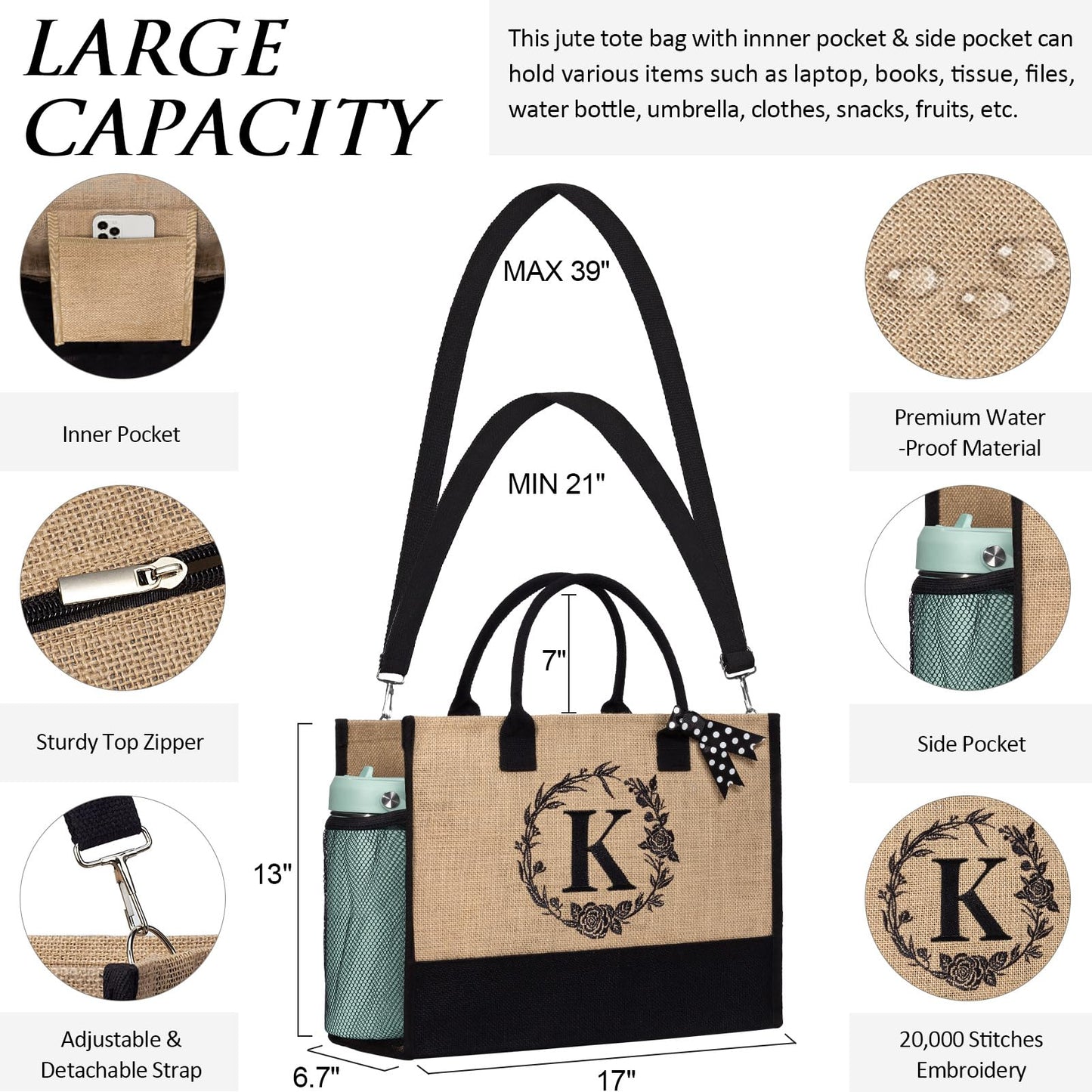 Personalized Gifts for Women Tote Bag, Initial Jute Tote Bag & Makeup Bags Monogrammed Beach Bag w/ Zipper, Mothers Day Birthday Gifts for Women Her Friends Mom Daughter Sister Grandma Teacher Nurse