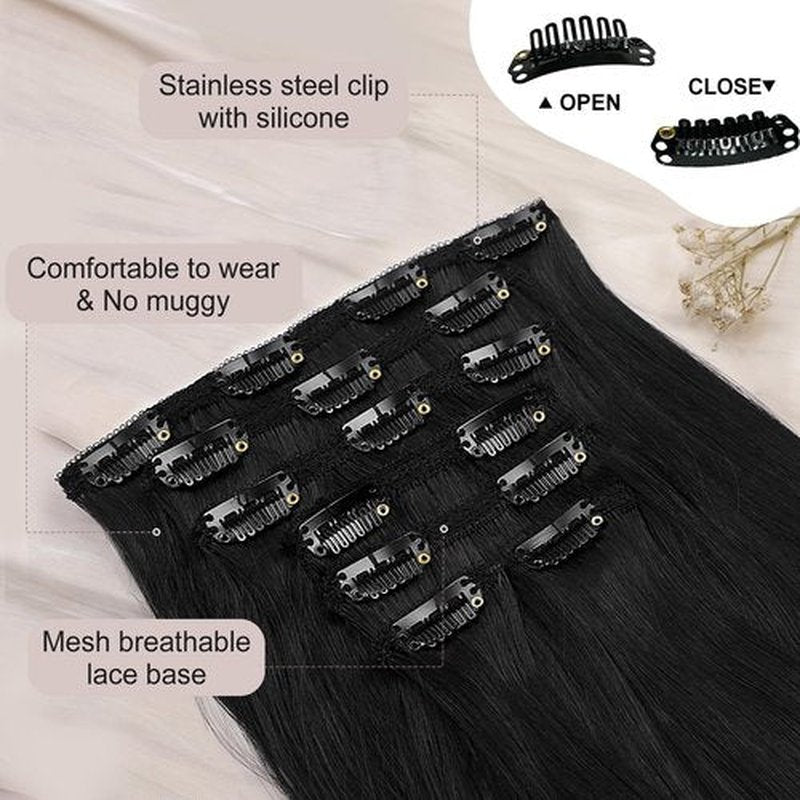 ALXNAN Clip in Hair Extensions, Black Hair Extensions Thick Long Stright Layered Hair Extensions 20 Inch Invisible Lace Weft Hair Extensions for Women