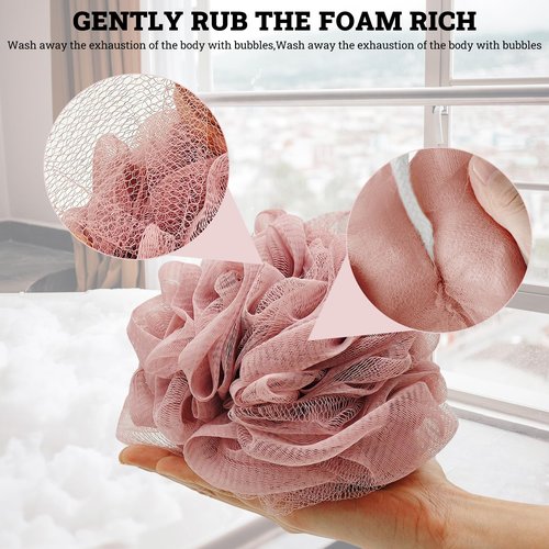 Loofah Charcoal Bath Shower Sponge Body Scrubber,75g Exfoliate Mesh Pouf Shower Bouquet,3 Pack Large Bath Sponge for Women and Men（White Pink Green）