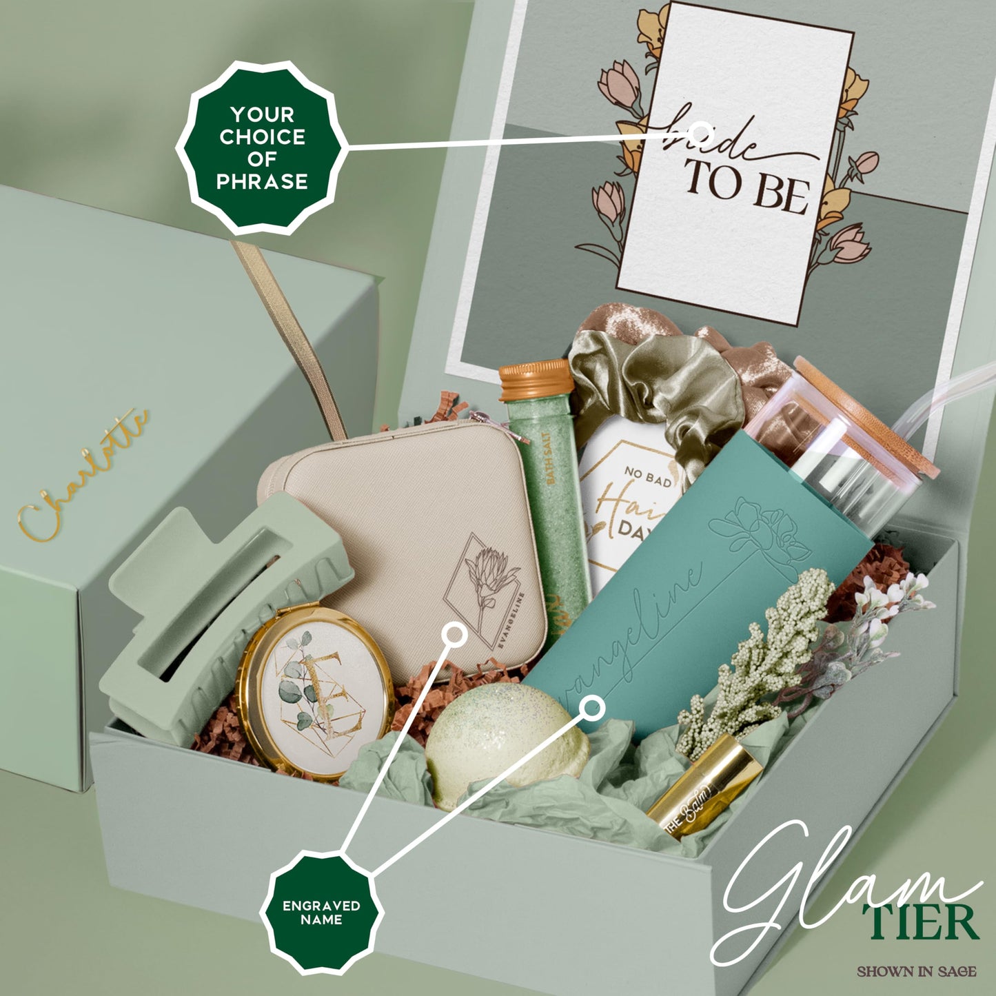 Personalized Will You be My Bridesmaid Gift Box - Will You Be My Maid of Honor Proposal Box, Matron of Honor Proposal or Custom Jr Bridesmaid Gift Set | Sage Green, Engraved Tumbler, Spa Set (BE1)