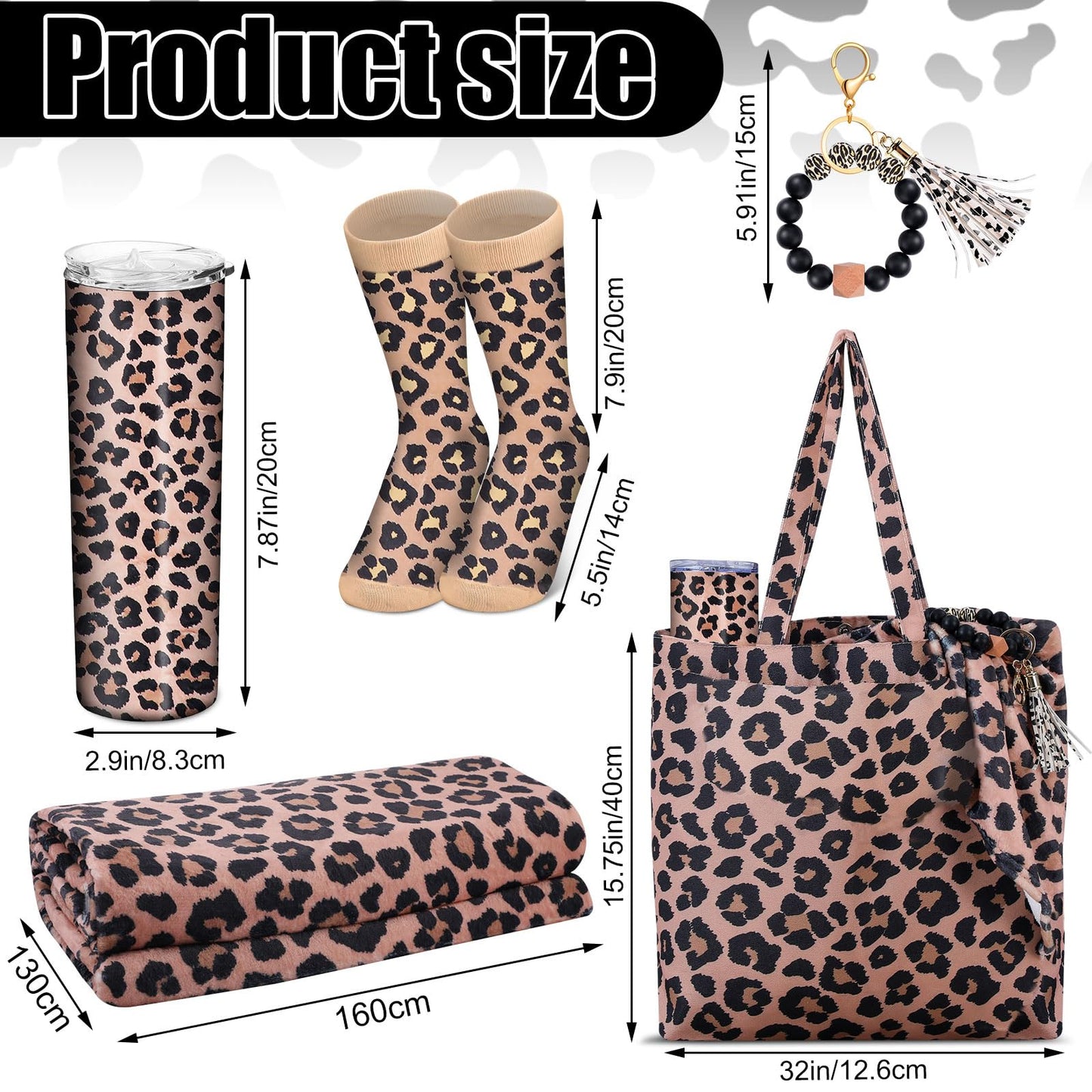 Yaomiao 5 Pcs Leopard Gift Stuff Set for Girl Women Cheetah Print Blanket 20 oz Leopard Stainless Tumbler Cheetah Tote Bag Bracelet Keychain and Socks, Party Gifts Supplies