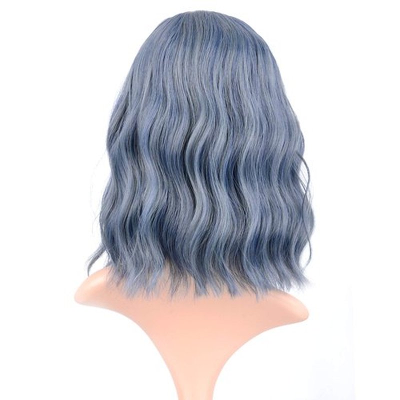 VCKOVCKO Wavy Wig Short Bob Wigs With Air Bangs Shoulder Length Women's Short Wig Curly Wavy Synthetic Cosplay Wig Pastel Bob Wig for Girl Colorful Costume Wigs(12", Mix Blue)