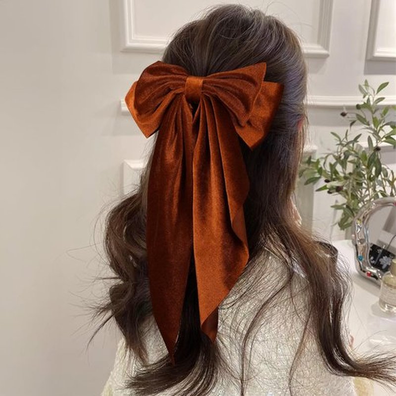 2pc Burnt Orange Velvet Ribbon Hair Bows for Women Girls Oversized Bow-knot French Barrette Hair Clips with Long Tail Hair Clamp Fall Winter Early Spring Hair Styling Accessories