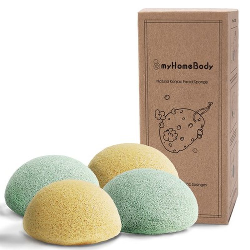 myHomeBody Natural Konjac Facial Sponges - for Gentle Face Cleansing and Exfoliation (2 Turmeric Yellow, 2 Aloe Green)