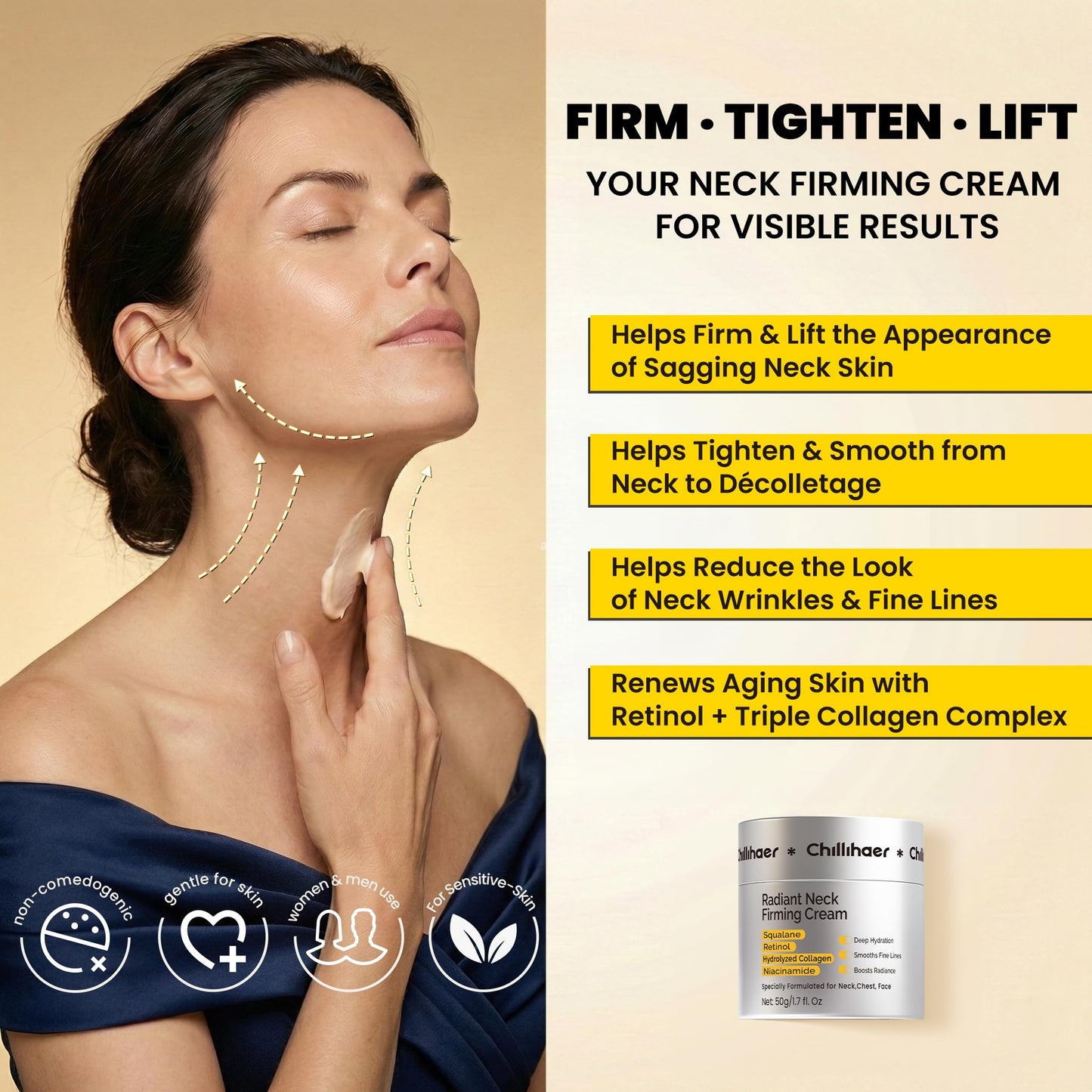 Chillihaer 8-in-1 Neck Firming Cream–Retinol & Triple Collagen Moisturizer for Neck,Face,Chest & Décolleté–Tighten, Lift&Smooth the Look of Sagging Crepey Skin, Fine Lines&Wrinkles–Women&Men,1.7 Fl Oz