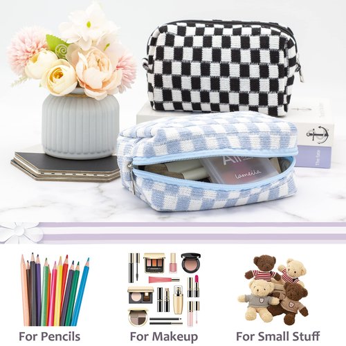 PAZIMIIK Checkered Makeup Bag for Purse Portable Zipper Make Up Pouch Small Cosmetic Case for Travel Accessories (2PCS Blue)