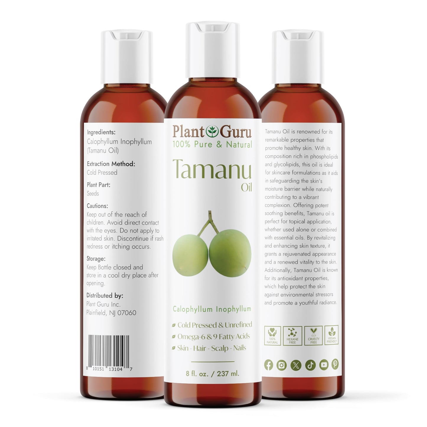 Plant Guru Tamanu Oil 8 fl. oz. – Cold‑Pressed 100% Pure & Natural Unrefined Carrier Oil for Skin, Face, Body & Hair Moisturizer. Ideal for DIY Creams, Lotions, Soaps & Lip Balms.