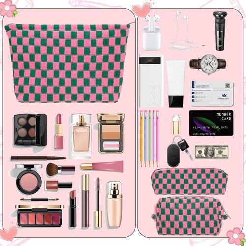 LYDZTION Large Capacity Makeup Bag Set - 3 Pieces Checkered Cosmetic Bag for Women Travel Makeup Bag Organizer Cute Makeup Brushes Storage Bag Travel Toiletry Bag,Green and Rose Red