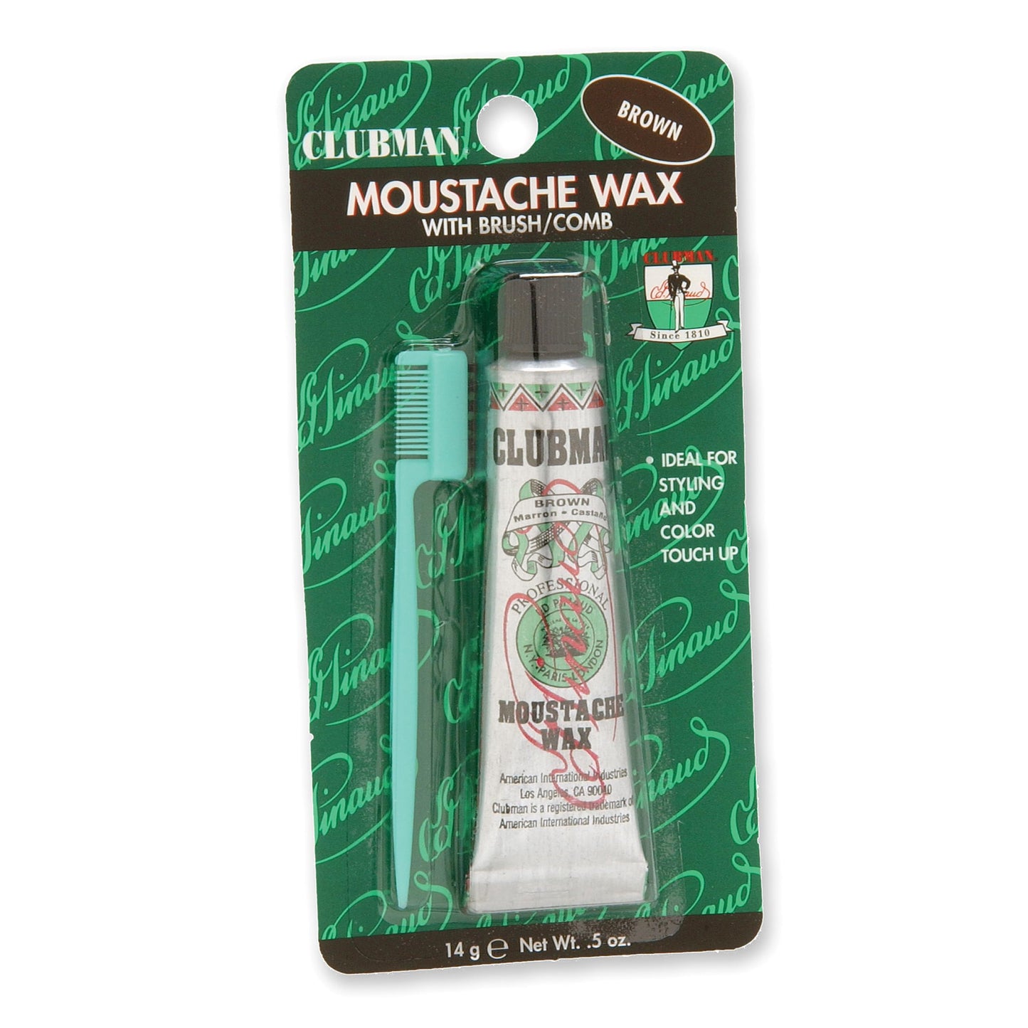 Clubman Pinaud Moustache Wax with Free Brush/Comb Applicator Brown, 0.5 Ounce