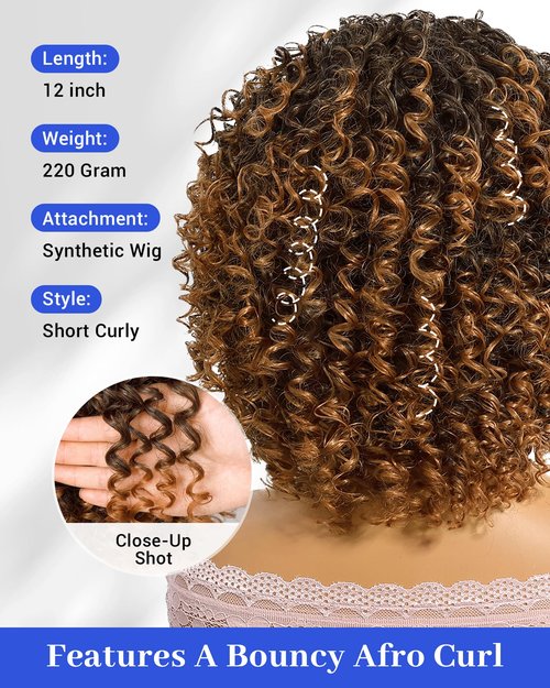 Marshey Afro Curly Wigs with Bangs for Black Women Kinky Curly Synthetic Hair Heat Resistant 12 Inch Short Ginger Wig for Daily Party (Ombre Brown)