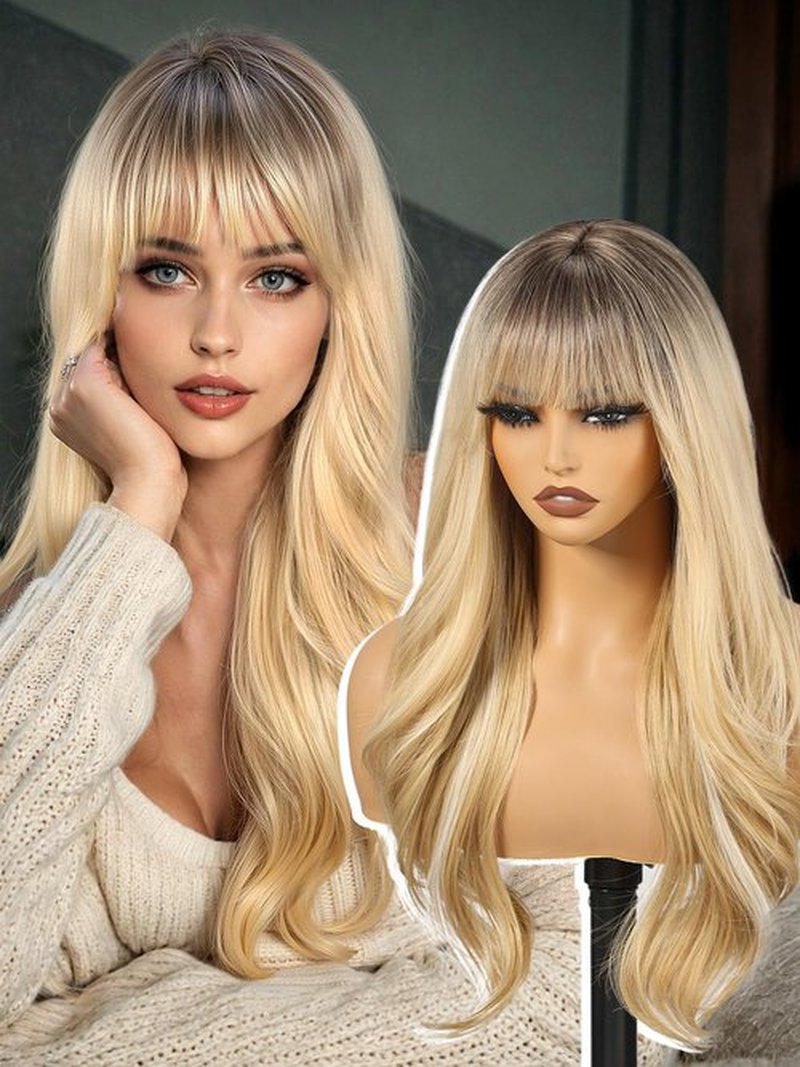 KOME Ombre Blonde Wigs with Bangs,Blonde Layered Wig for Women,Long Wavy Wigs Synthetic Hair Wig for Party Daily Use 26IN