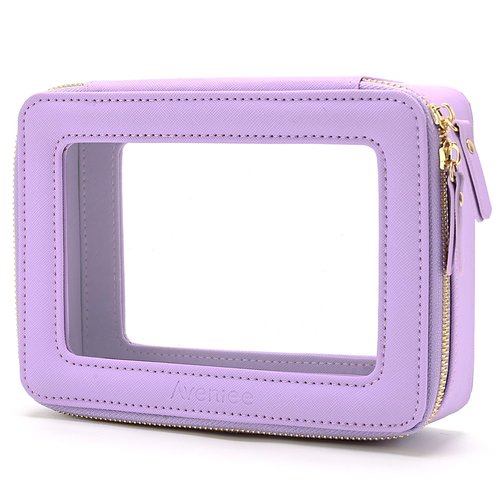 Aveniee Clear Makeup Bag for Women, Clear Cosmetic Case Travel Toiletry Bag, Heavy Duty Makeup Organizer Car Bag with Clear Windows & Gold Zippers(Lilac)