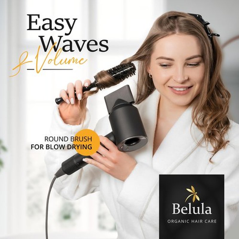 Belula 100% Soft Boar Bristle Round Brush for Blow Drying Set. Round Hair Brush With Small 1.6” Wooden Barrel. Hairbrush Ideal to Add Volume and Body. Free 3 x Hair Clips & Travel Bag.