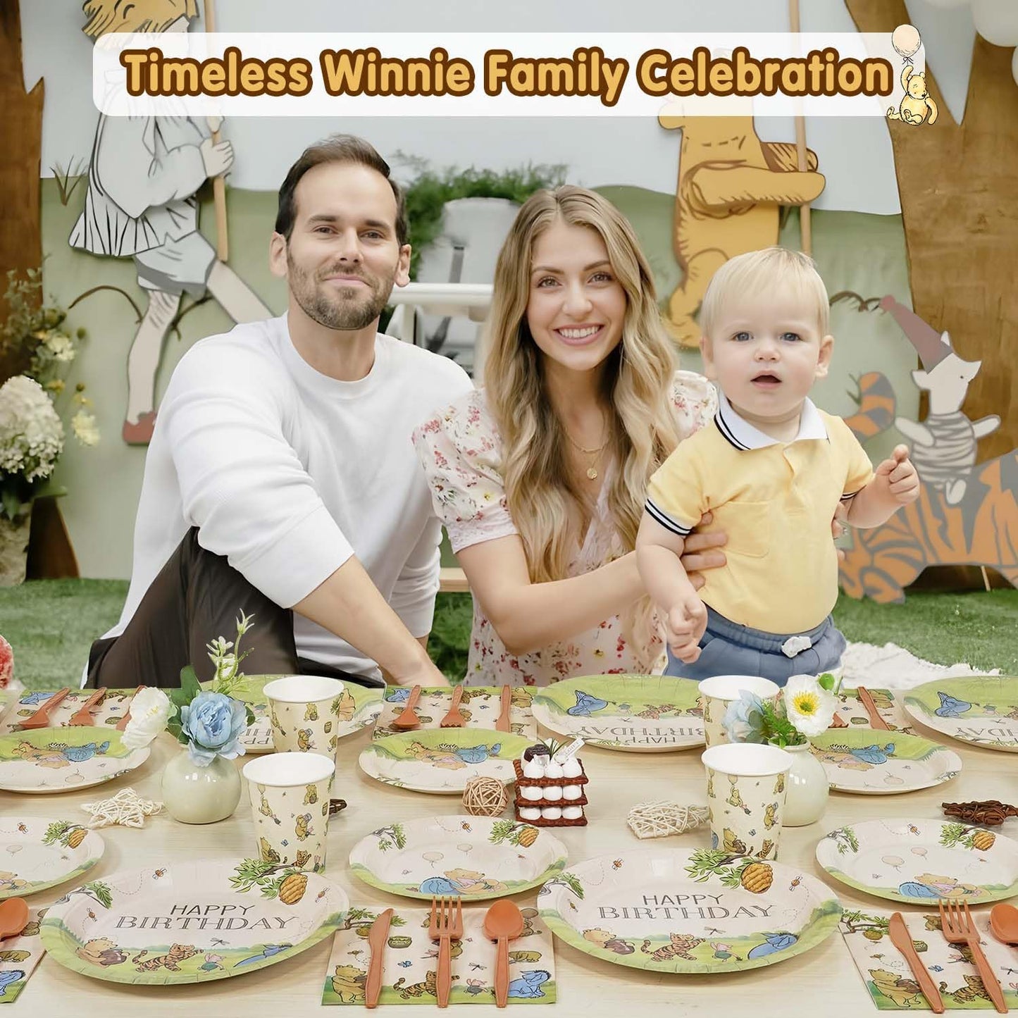 Winnie Birthday Decorations Plates Set, 175PCS Classic Winnie Happy Birthday Plates Cups Napkins Cutlery for 25 Guests