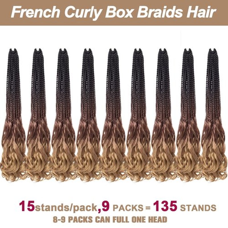 COOKOO 14 Inch French Curl Crochet Braids 9 Packs 135 Strands Goddess Box Braids Crochet Hair for Women Pre Looped Box Braids with Curly Ends Synthetic French Curl Braiding Hair Extensions 1B/30/27#