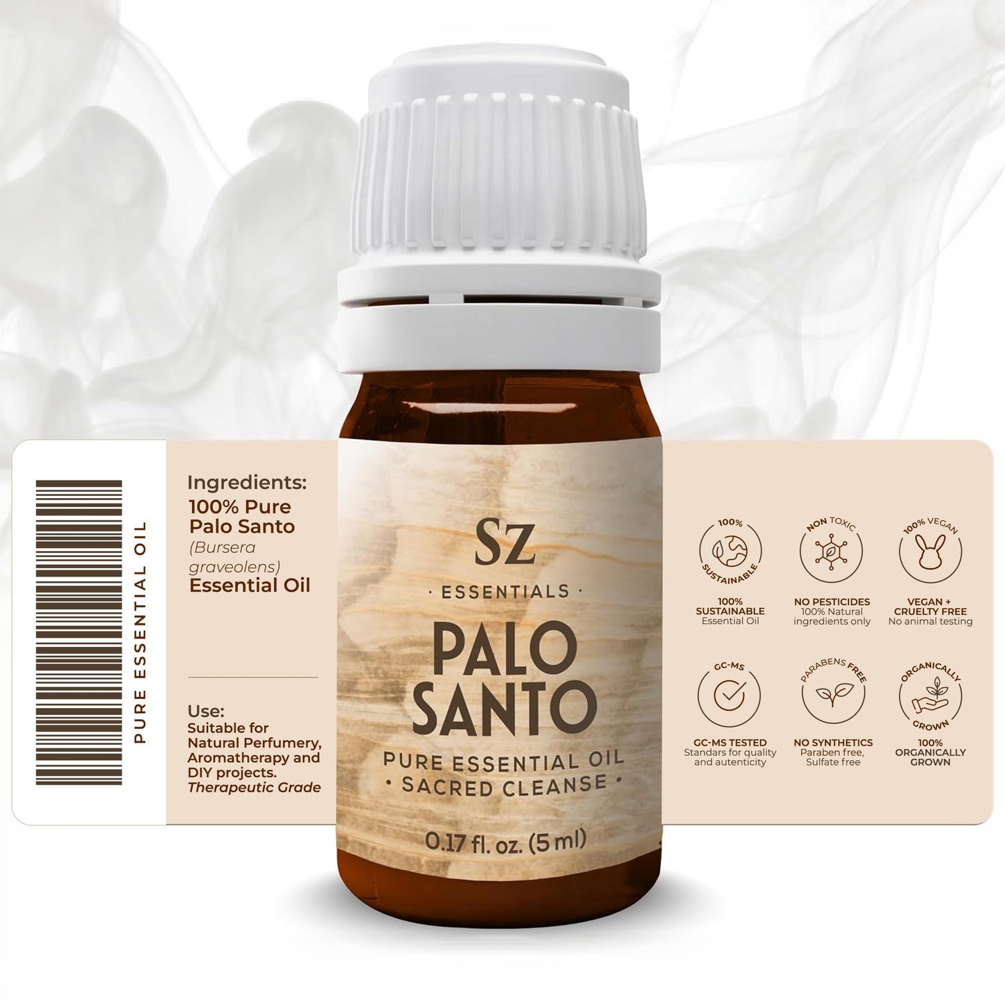 Sz Essentials Palo Santo Essential Oil – 100% Pure – Ethically Sourced from Peru – Sacred Oil for Ritual Use, Spiritual Cleansing & Energy Clearing – Bursera graveolens – Vegan – 0.17 fl oz (5mL)