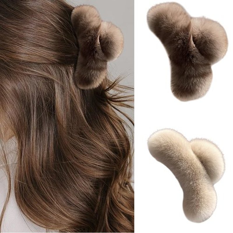 papasgix Hair Claw Clips for Women, Large Faux Fur Hair Claw Clip for Women, Large Hair Clips Winter Fluffy Plush Hair Claw Clips Hair Accessories (Dark Coffee+Milk Tea)