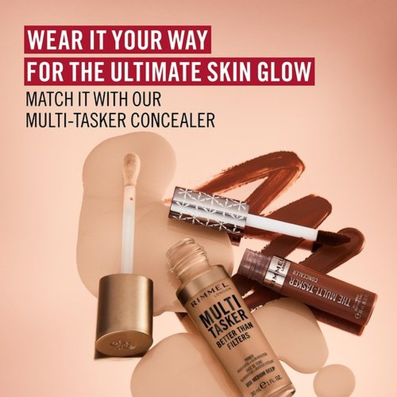 Rimmel Multi-Tasker Better Than Filters, 002 Fair Light, Face Primer, Glow Booster and Highlighter, Vegan Formula, Anti-Ageing Benefits, Light-Reflecting Pigments, Giant Soft-Touch Wand, 1oz