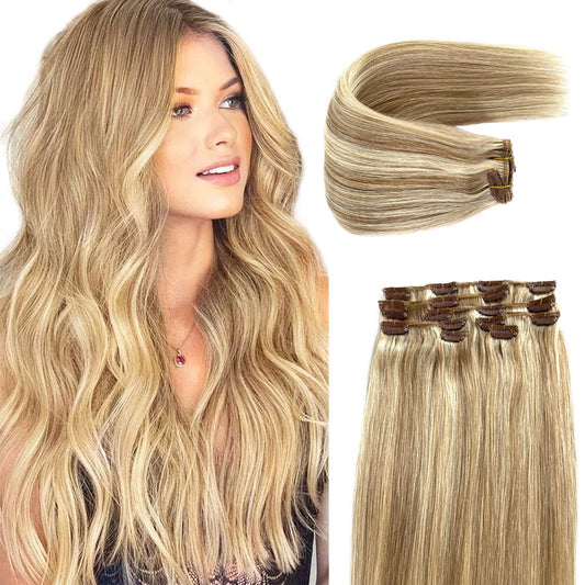 Clip in Hair Extensions Real Human Hair 70g 7pcs Seamless Clip in Hair Extensions Human Hair Beige Blonde and Platinum Blonde Balayage Clip ins Human Hair Extensions Long Straight Double Weft 20 Inch