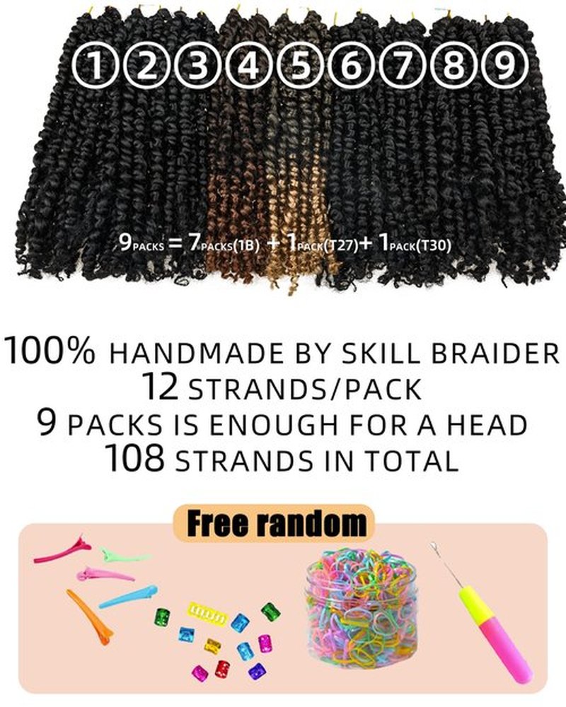 12 Inches 9 Packs Passion Twist Crochet Hair For Black Women,Mixed Colors Combo Pack(7 packs 1B+ 1 pack T1B/27+1 pack T1B/30), Pre-twisted Pre Looped Synthetic Hair Extensions(12"-9 Packs,1B+T27+T30)