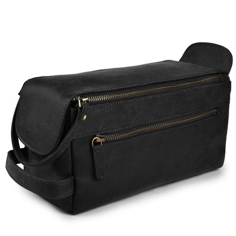 LEATHER VILLAGE Premium Leather Travel Toiletry Bag - Unisex Water-Resistant Travel Dopp Kit, Shaving & Cosmetic Organizer for Men & Women - Compact Bathroom Essentials - Distressed Black