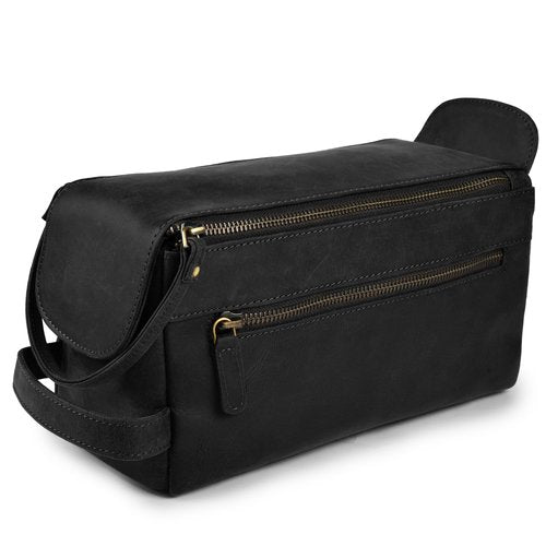 LEATHER VILLAGE Premium Leather Travel Toiletry Bag - Unisex Water-Resistant Travel Dopp Kit, Shaving & Cosmetic Organizer for Men & Women - Compact Bathroom Essentials - Distressed Black