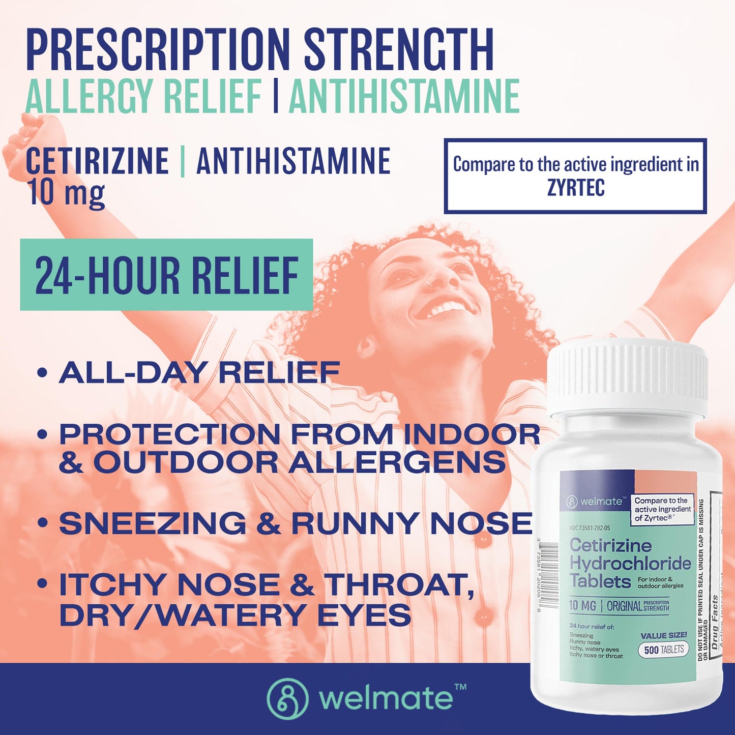 WELMATE - Allergy Relief (500 Tablets) Cetirizine Hydrochloride 10mg - 24 Hours - Non Drowsy - Indoor & Outdoor Allergy Medicine - Antihistamine - Nose, Eyes & Throat - Over-the-Counter Medication