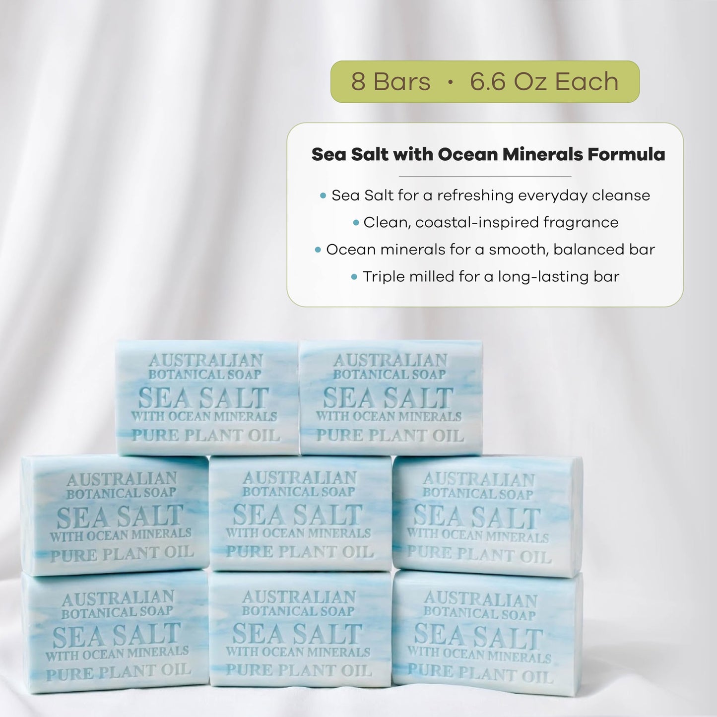 Australian Botanical Soap, 6.6 OZ, Sea Salt and Ocean Minerals, Triple Milled Bars made with a Natural Soap Base and Enriched with Organic Shea Butter, Pack of 8