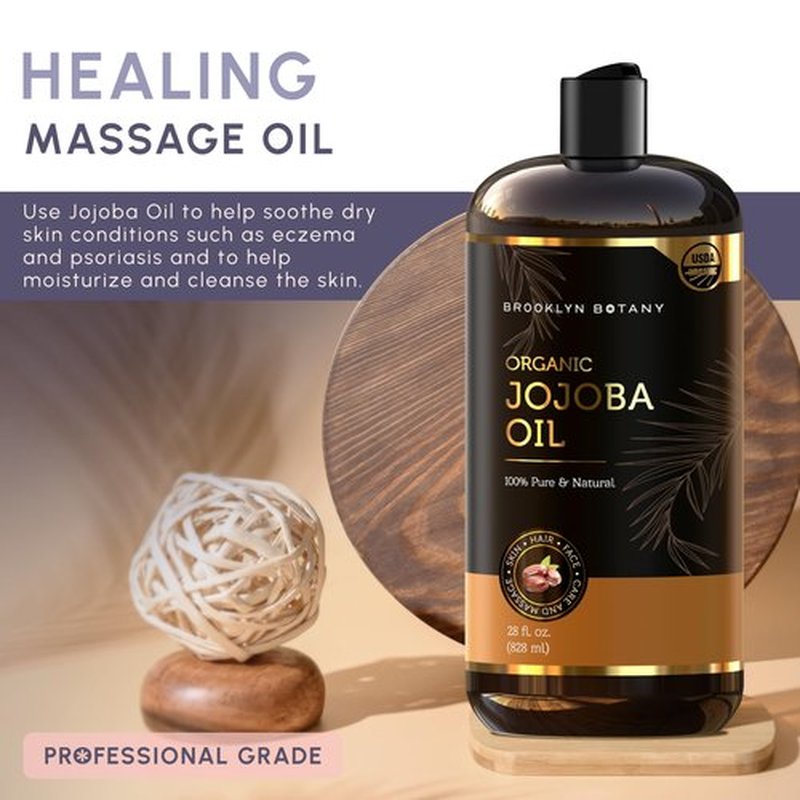 Brooklyn Botany USDA Organic Jojoba Oil for Skin, Hair and Face – 100% Pure and Natural Body Oil and Hair Oil - Carrier Oil for Essential Oils, Aromatherapy and Massage Oil – 28 fl Oz