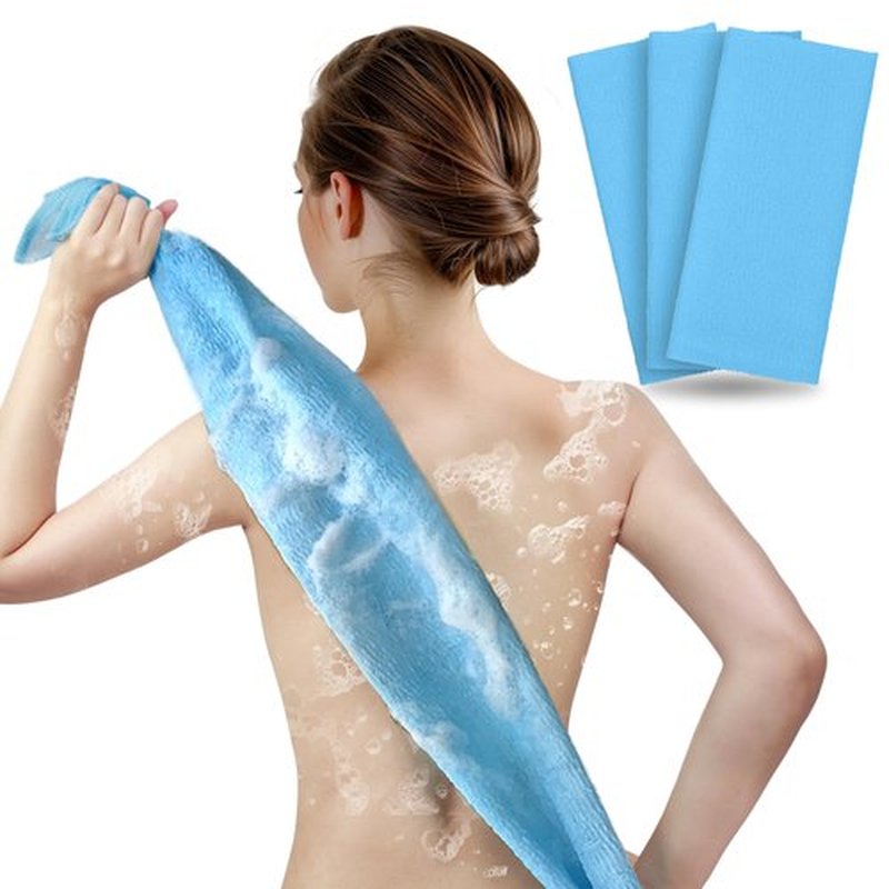 ARCH&M Exfoliating Washcloth Towel Japanese Washcloth Nylon Bath Wash Towel Korean Exfoliating Towel Beauty Washcloth Sponge Loofah Body Scrub Back Scrubber for Shower Cloth 3 Pack (Blue x 3)