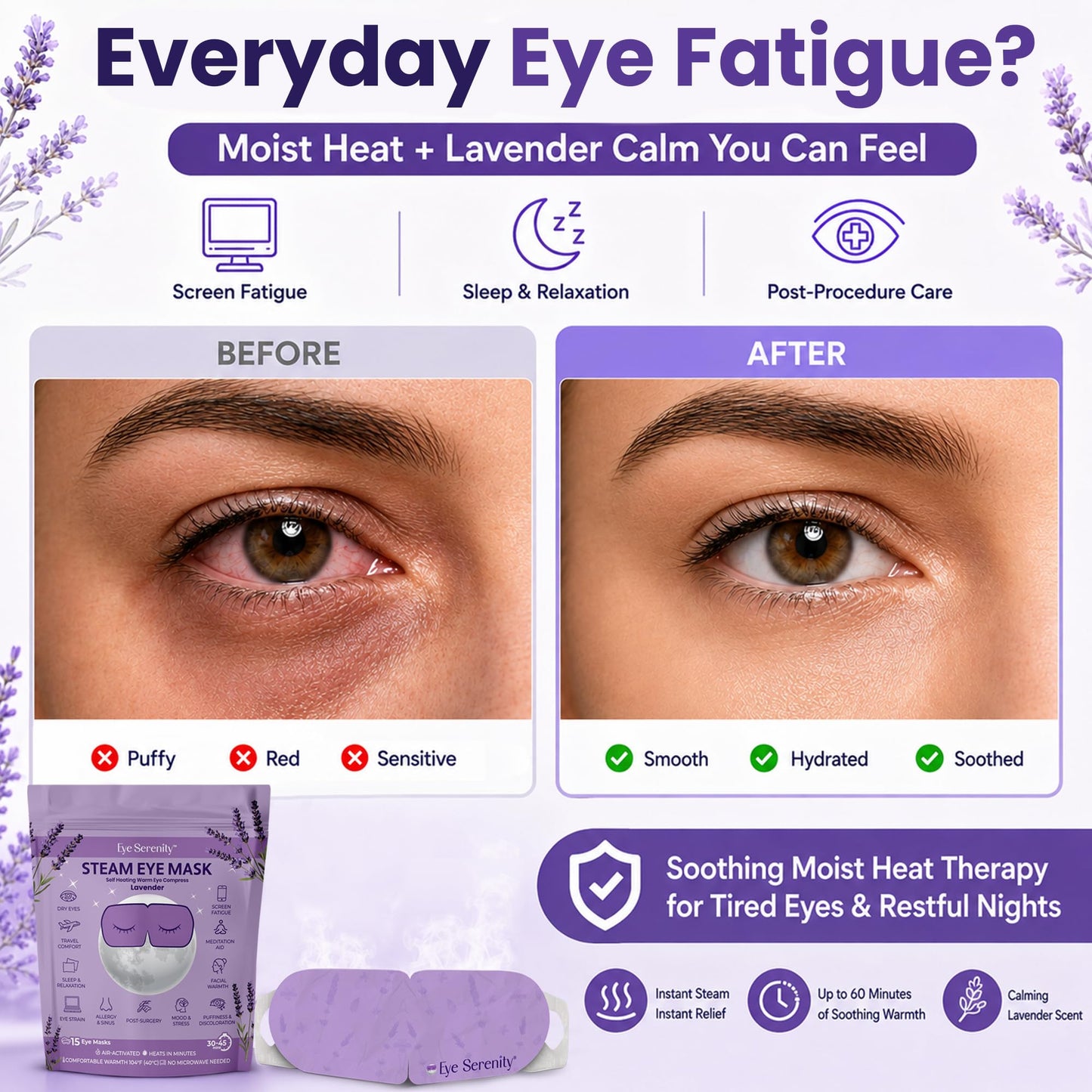 Eye Serenity Steam Eye Mask, Heated Eye Mask, Self Heating Warm Compress for Dry Eyes, Fast Relief for Stye, Puffy Sensitive Eyes, Moist Heat, Relaxation Gifts for Women and Men - Lavender