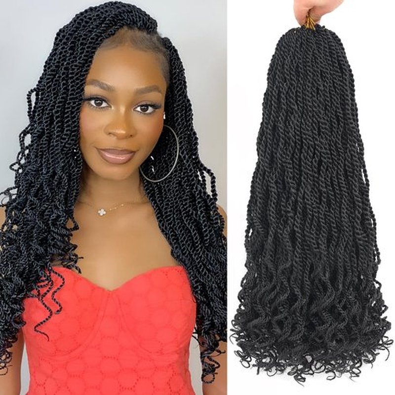 Leeven 18 Inch Wavy Senegalese Twist Crochet Hair 8 Packs Black Pre Looped Long Crochet Braids Pre Twisted Small Hanava Twist with Curly Ends Synthetic Braiding Hair for Women