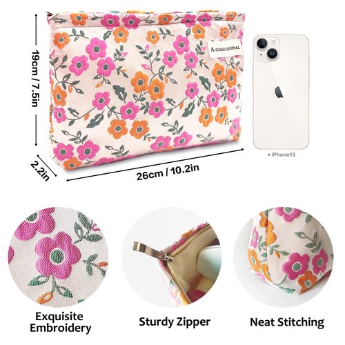 STARDW Floral Cosmetic Bags Makeup Bags for Women and Girls,Travel Makeup Bag Large Capacity Canvas Makeup Bag,Makeup Organizer Bag Zipper Pouch (Pink Flowers)