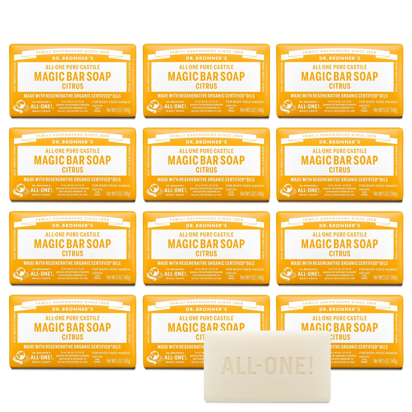 Dr. Bronner's Pure-Castile Magic Bar Soaps - Made with Regenerative Organic Certified Oils - For Face, Body, Hair- Vegan Soap Bars for Men & Women - Citrus, 12 pack, 5 oz