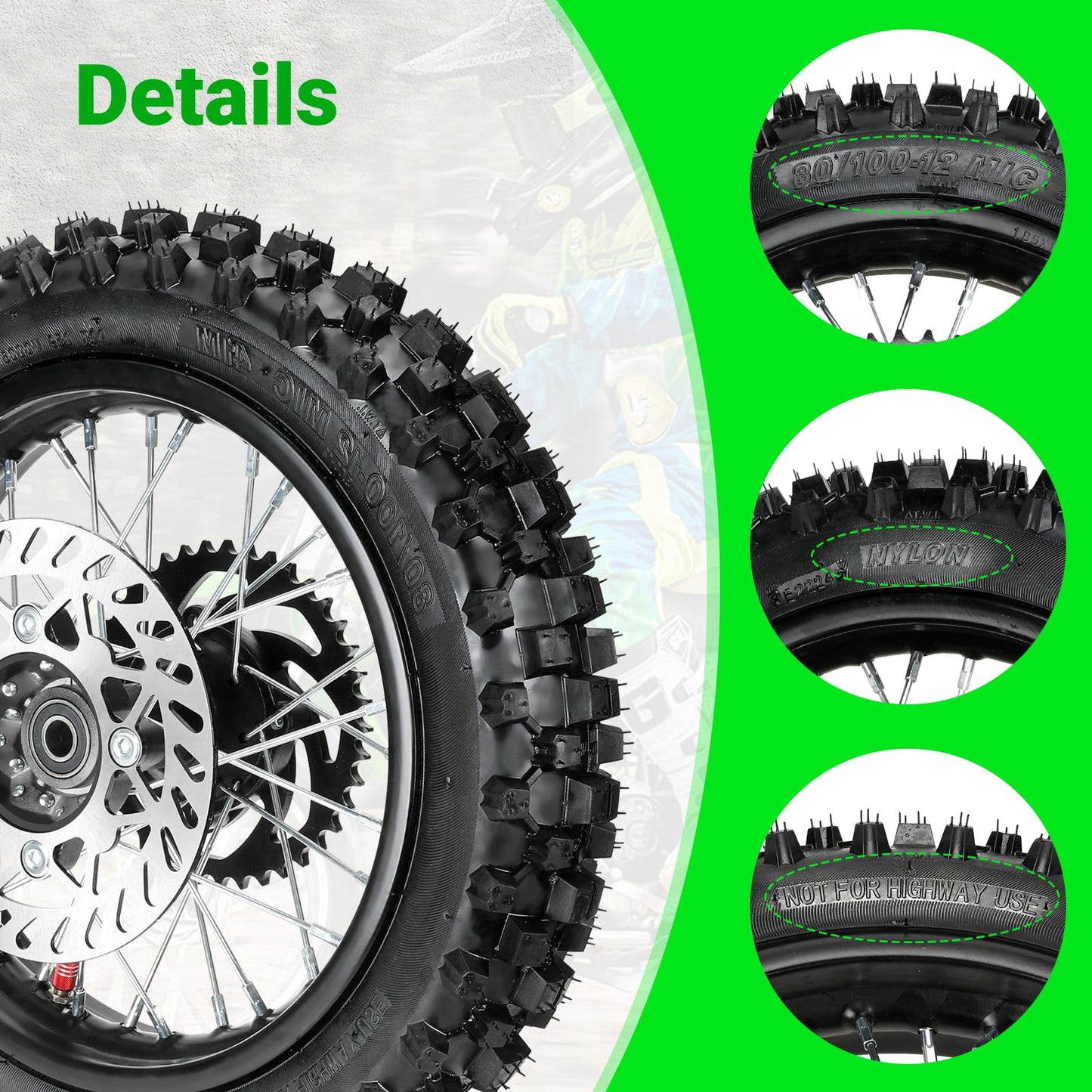 XIKOBY 12'' Rear Wheel 80/100-12 3.00-12 Dirt Bike Tire and Inner Tube Assembly for 110cc 125cc SSR SR125 CX65 TaoTao DB14 Coolster QG-214 with Brake Rotor 428 41T Chain Sprocket