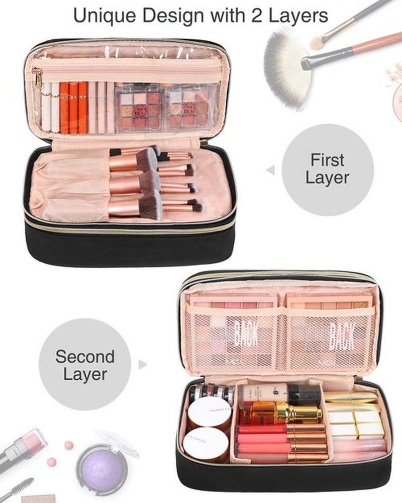 Relavel Large Makeup Bag, Cosmetic Bag with Dividers, 2 Layer Travel Makeup Organizer for Women, Black Makeup Purse Pouch with Brush Holder, Compact Capacity Handbag for Daily Use (Black)
