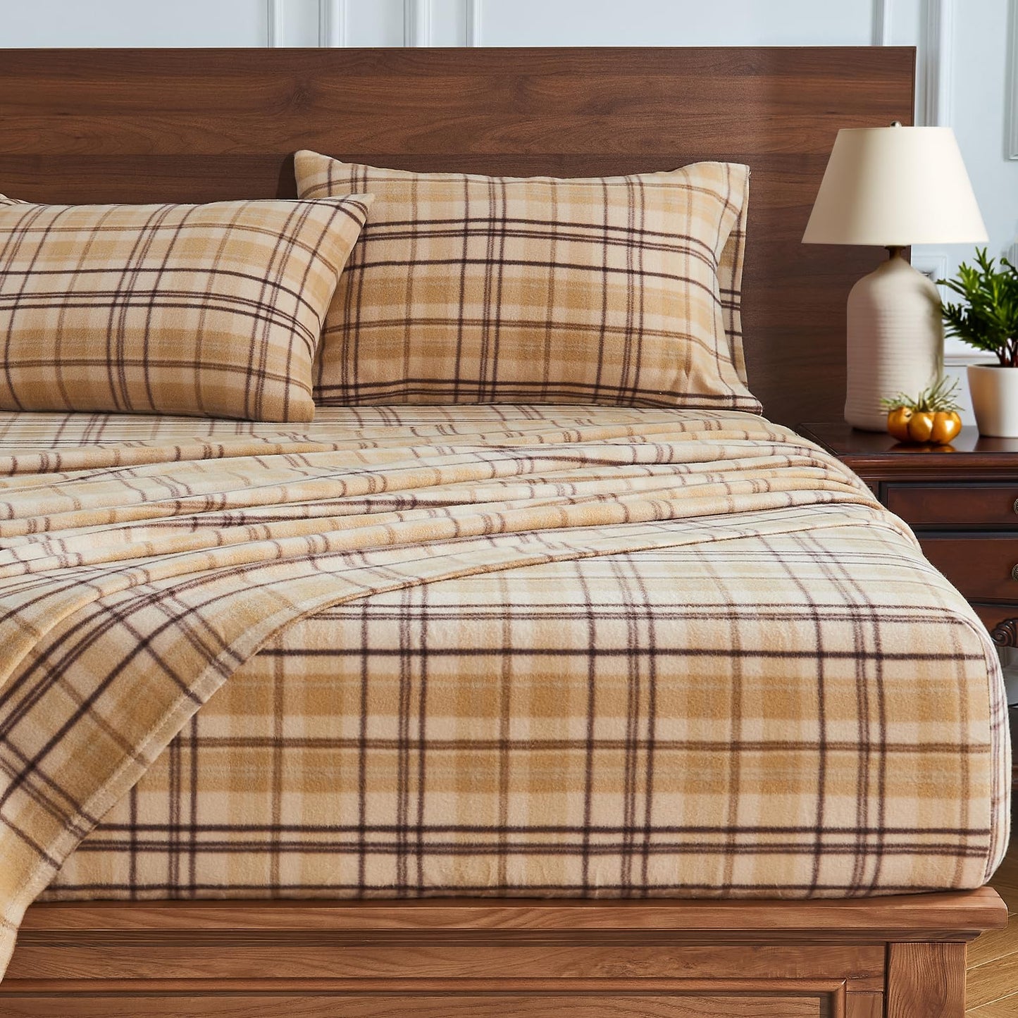 HYPREST Flannel Sheets King Size, Plaid Sheets Double Brushed, Camel Beige Plaid Warm Bed Sheets Winter Fuzzy Bedding